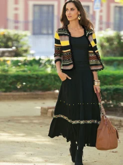 Strickjacken| Strickjacke mit Pompom-Borte bunt-gemustert