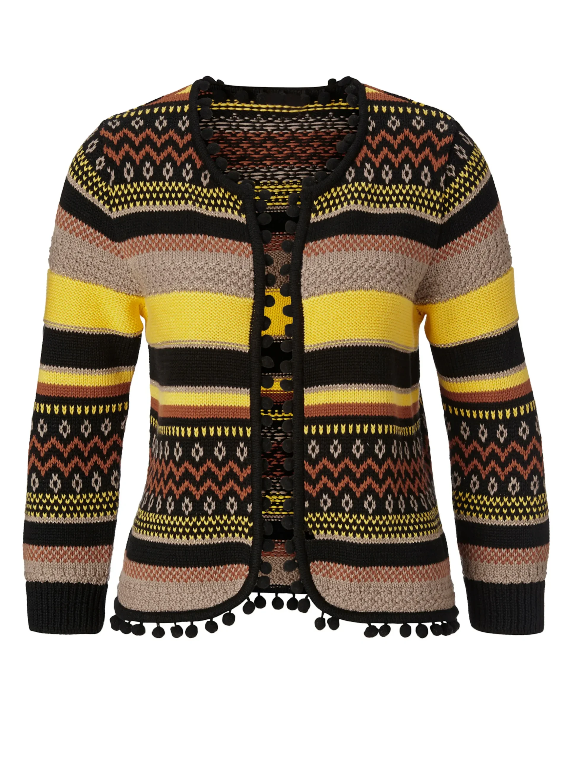 Strickjacken| Strickjacke mit Pompom-Borte bunt-gemustert