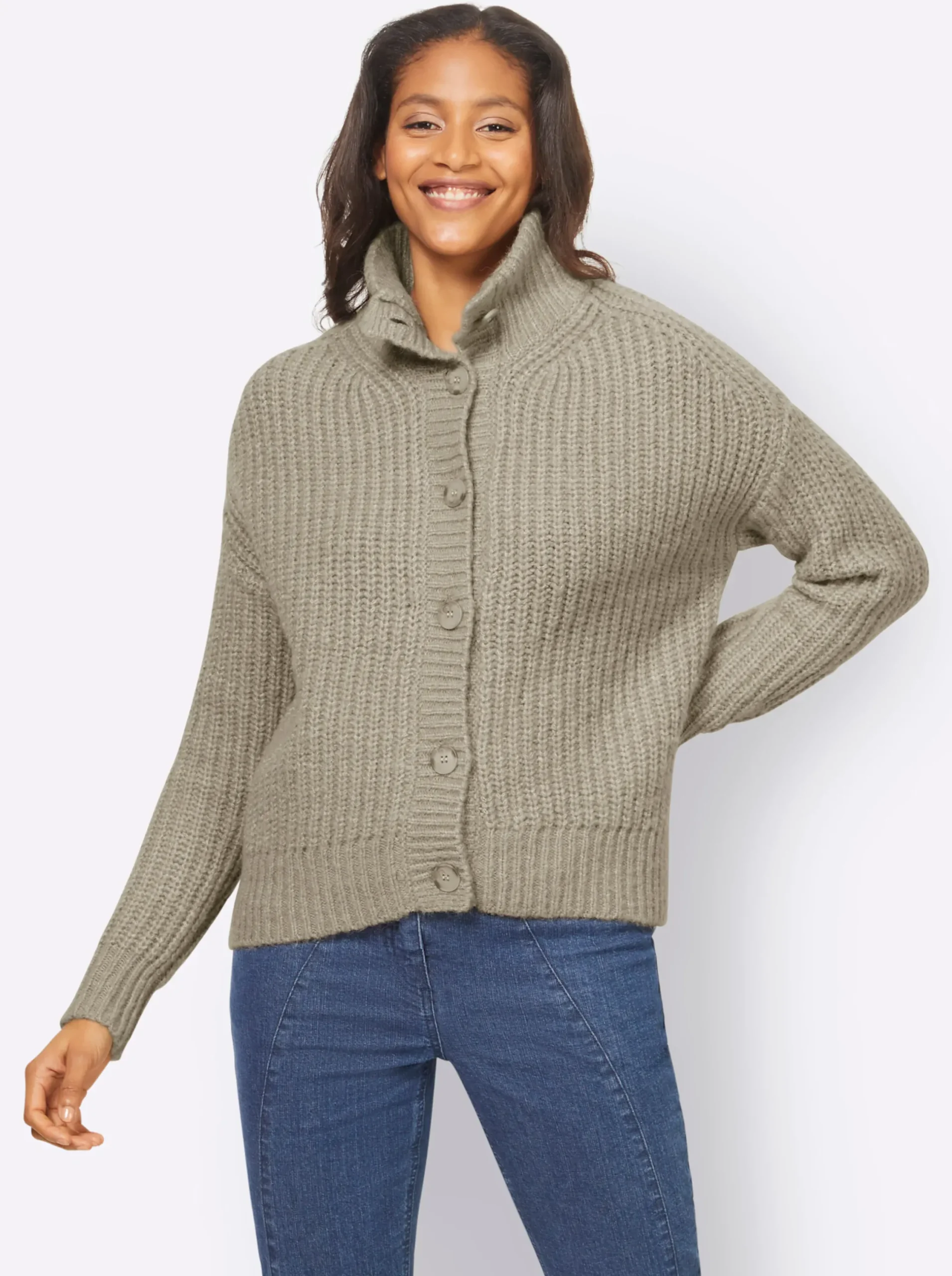 Strickjacken|heine Strickjacke mit variablem Kragen schlamm-meliert