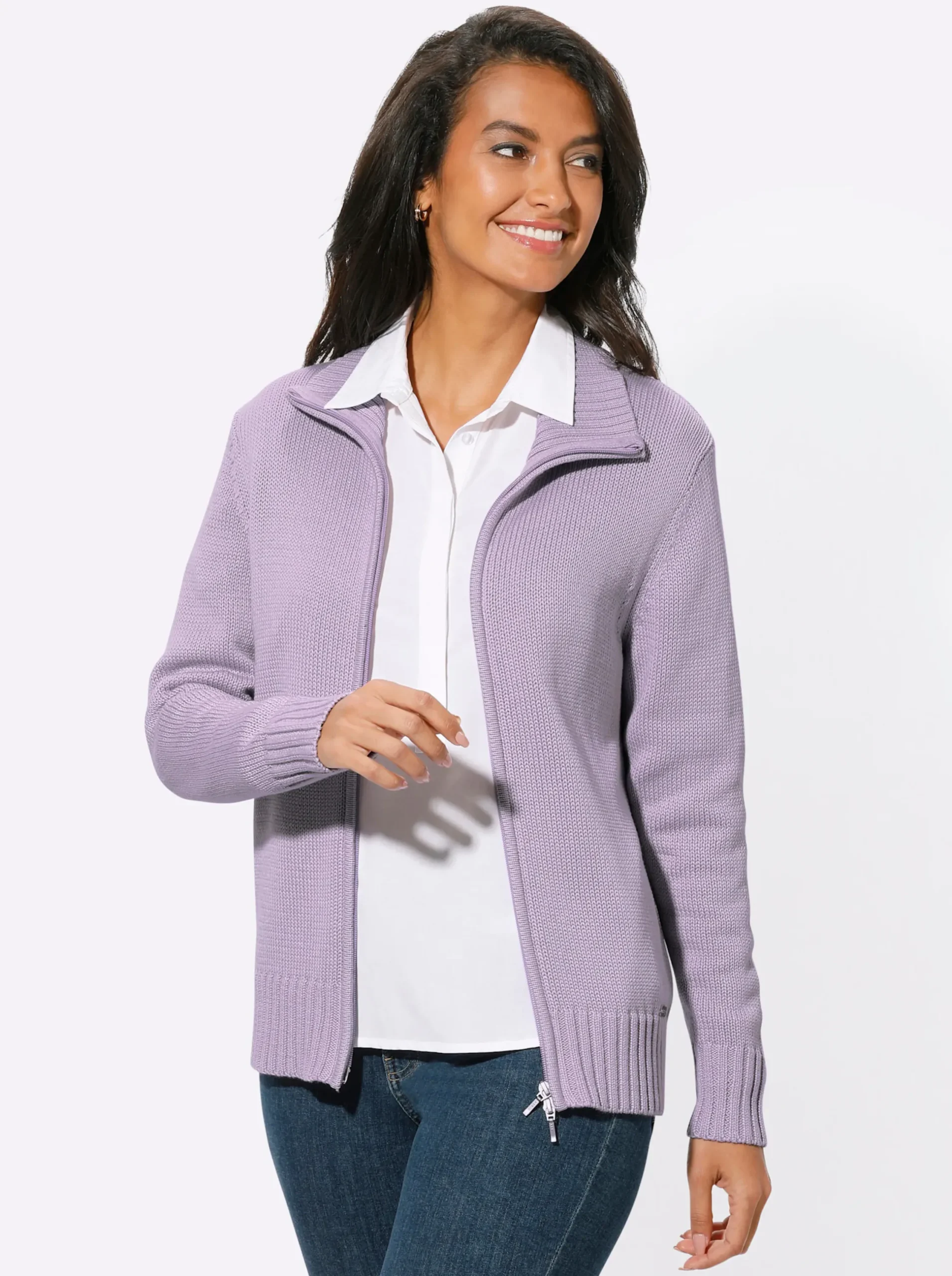 Strickjacken| Strickjacke mit 2-Wege-Reißverschluss flieder