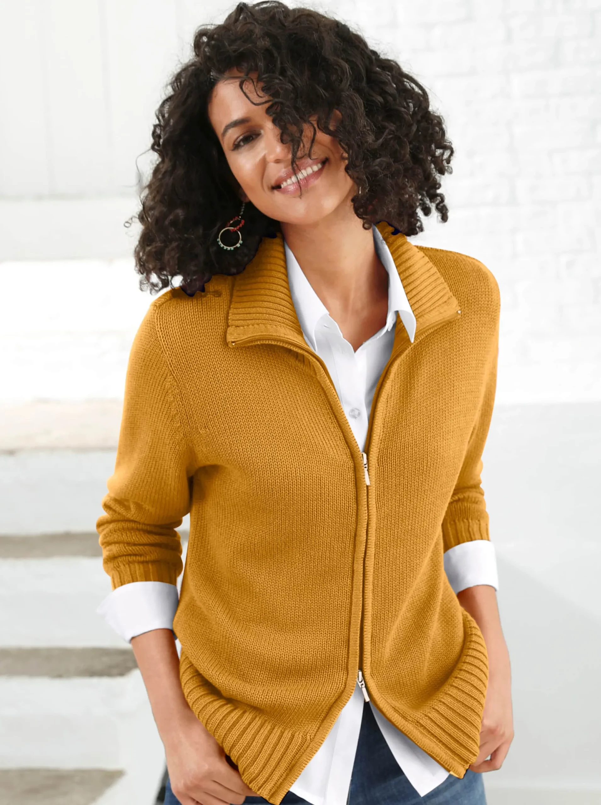 Strickjacken| Strickjacke mit 2-Wege-Reißverschluss maisgelb