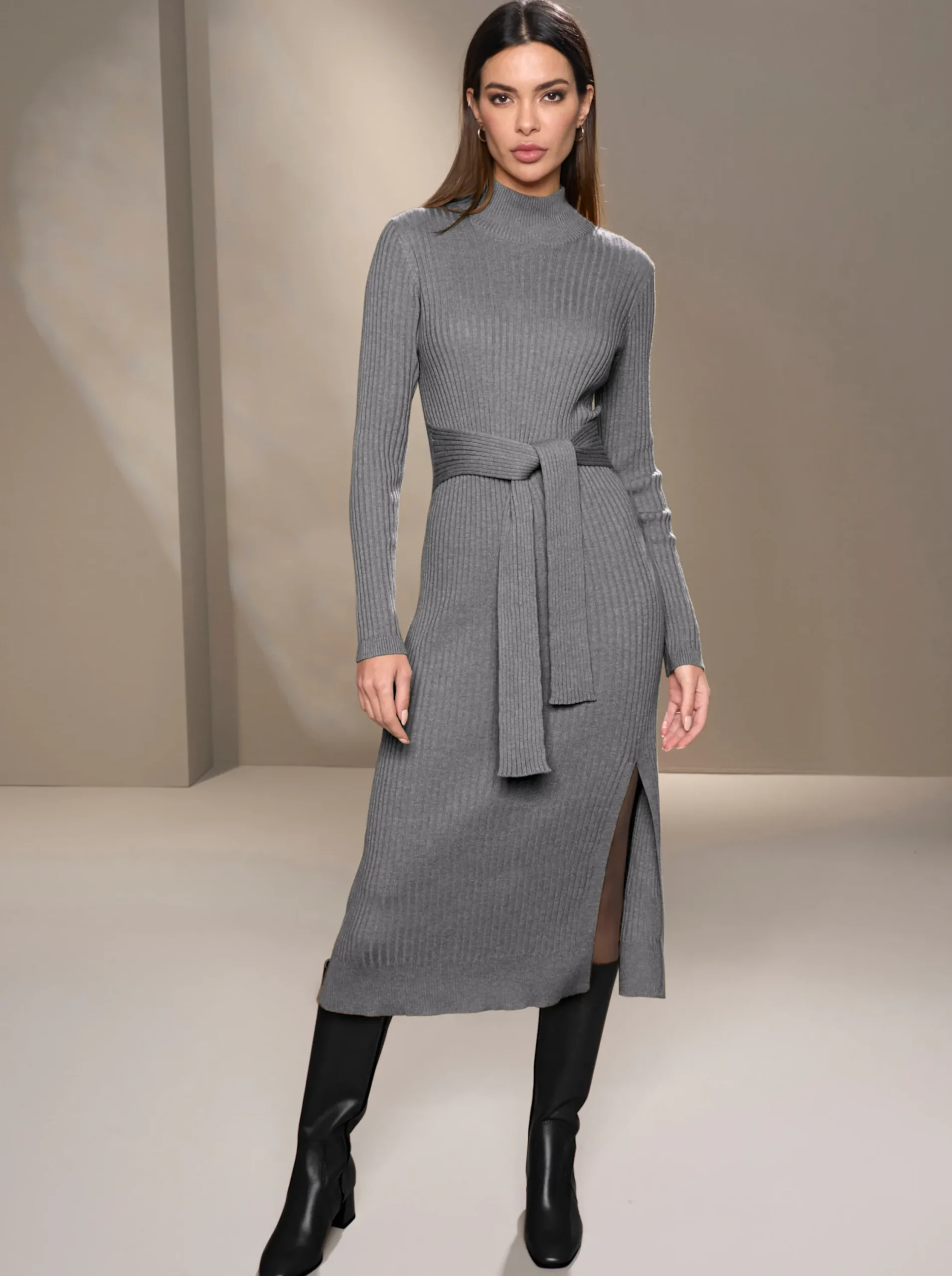 Kleider|heine Strickkleid grau-champagner-meliert