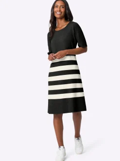 Kleider|heine Strickkleid in A-Form schwarz-ecru-geringelt