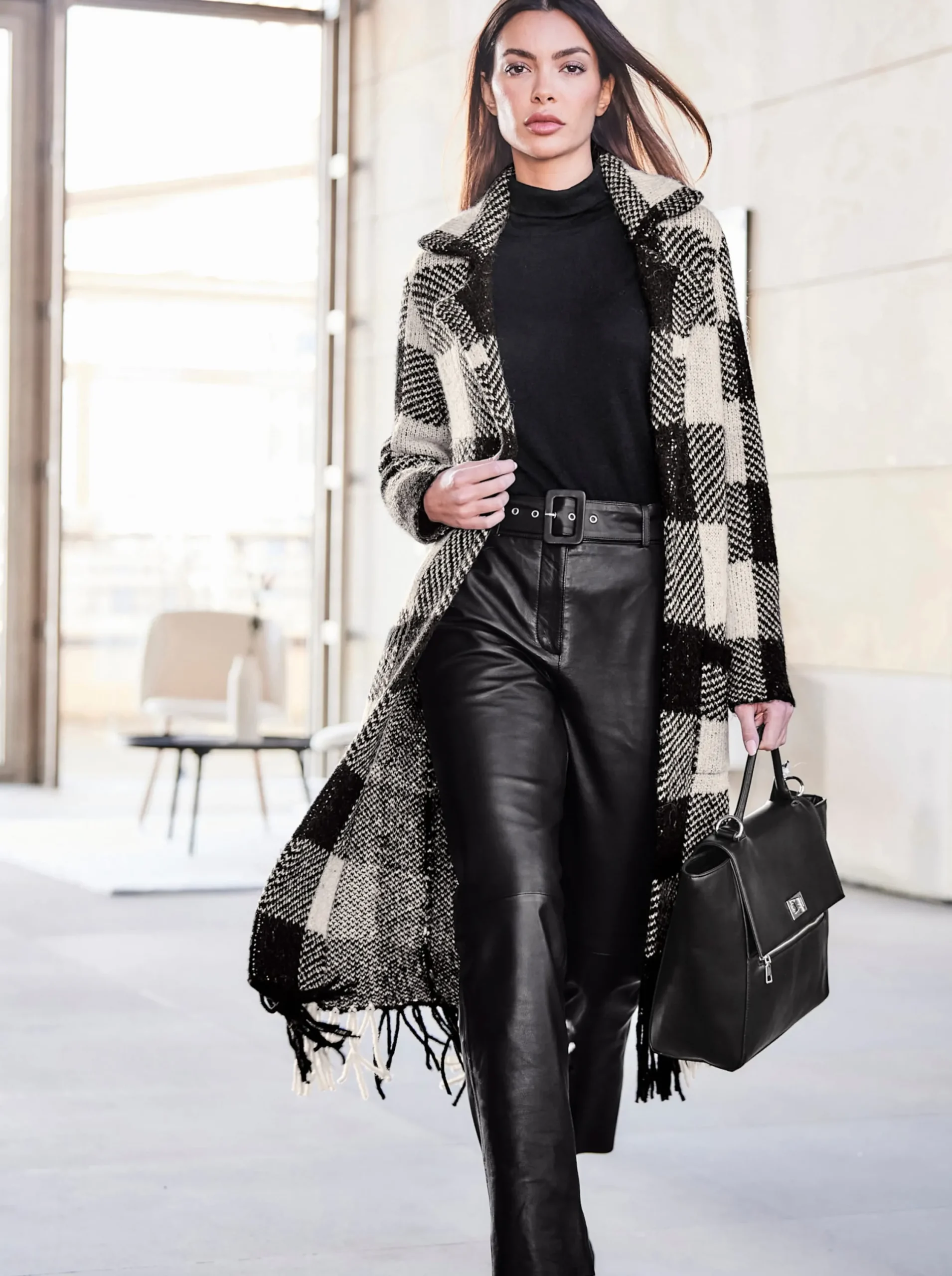 Strickjacken|heine Strickmantel schwarz-ecru-kariert