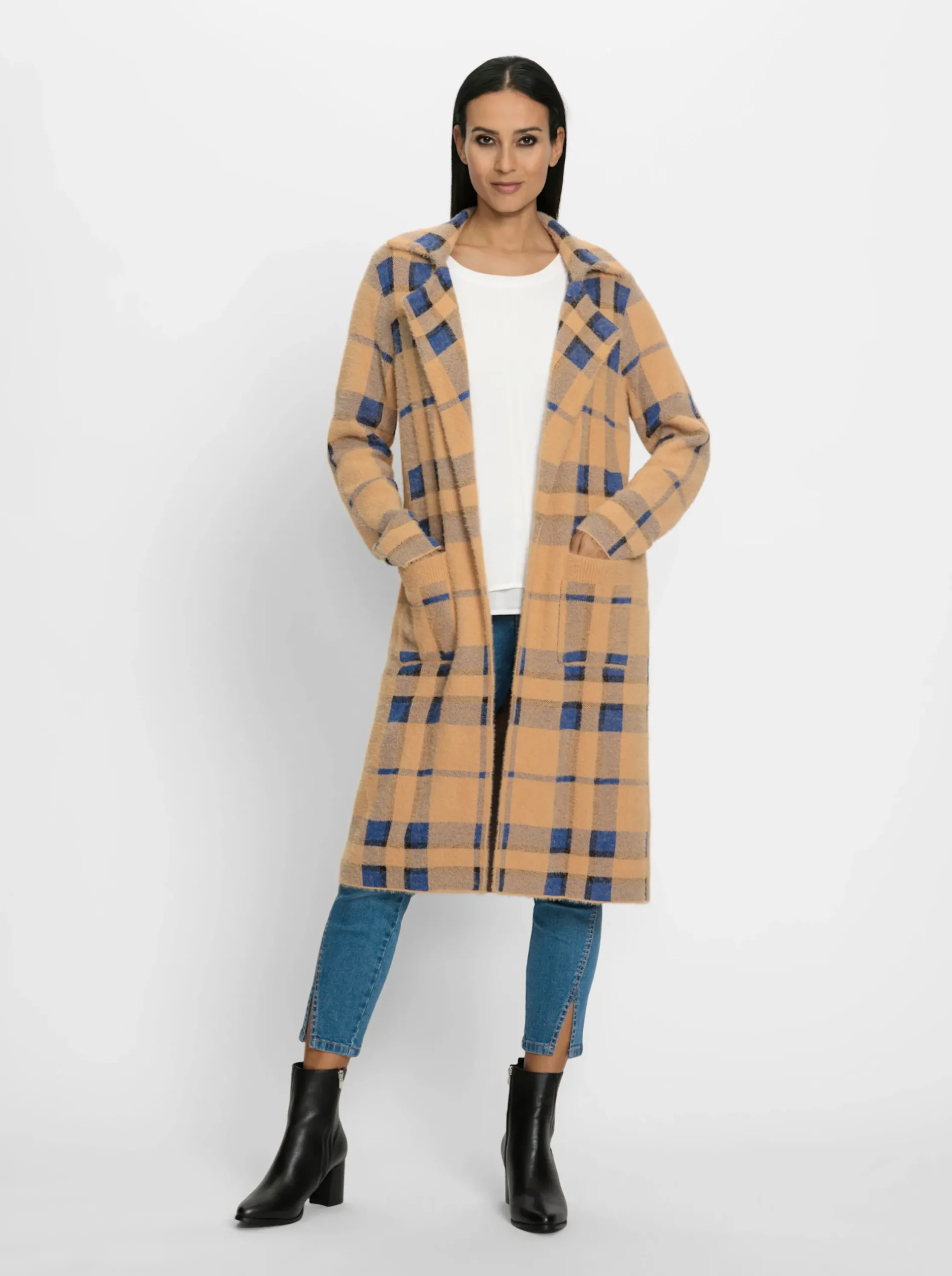 Strickjacken|heine Strickmantel mit Reverskragen, kariert camel-royalblau-kariert