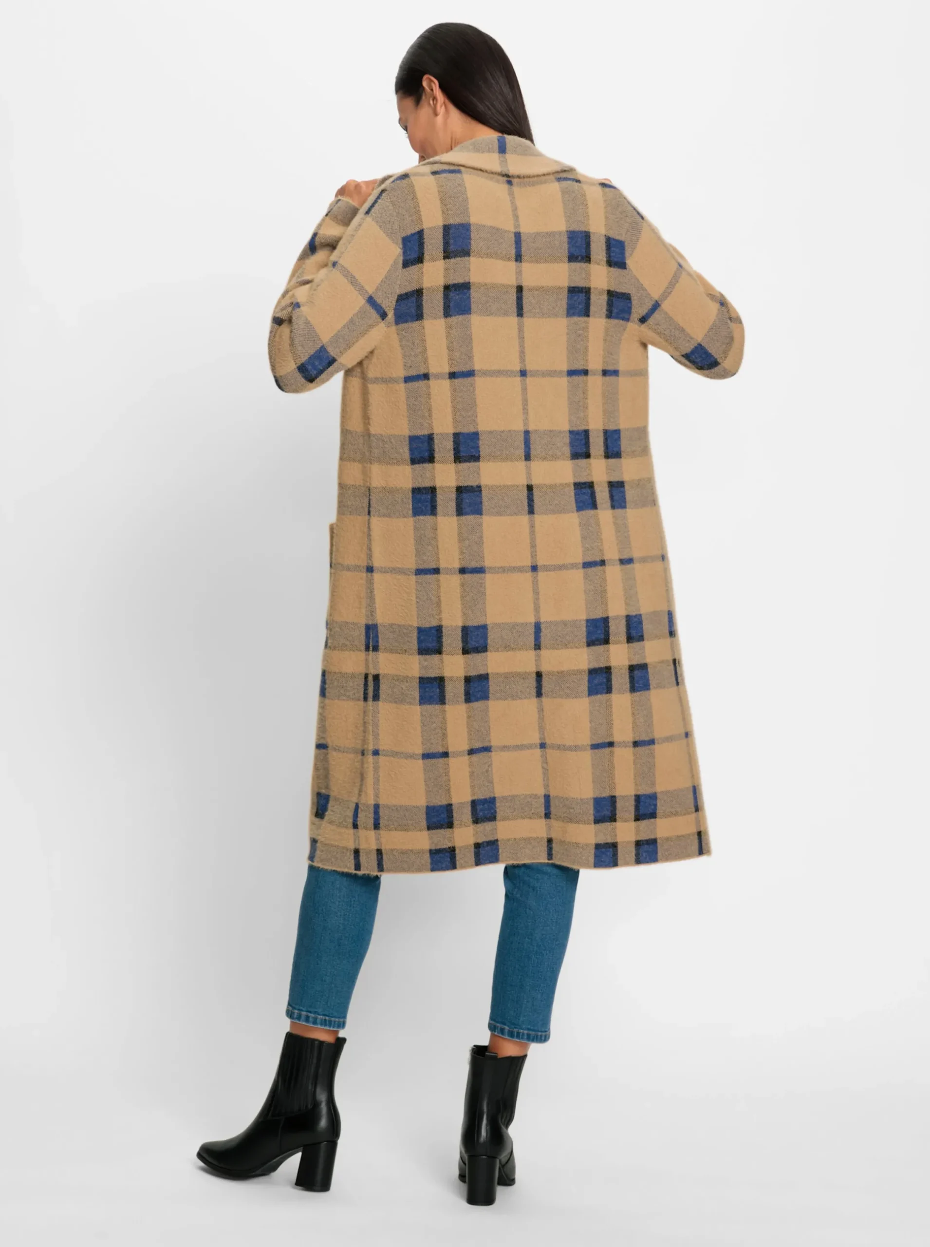 Strickjacken|heine Strickmantel mit Reverskragen, kariert camel-royalblau-kariert