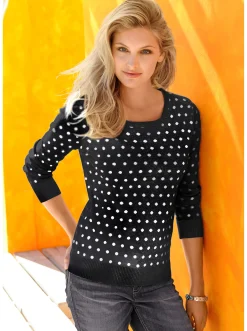 Pullover| Strickpullover im Tupfen-Dessin schwarz-weiß-getupft