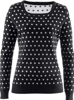 Pullover| Strickpullover im Tupfen-Dessin schwarz-weiß-getupft
