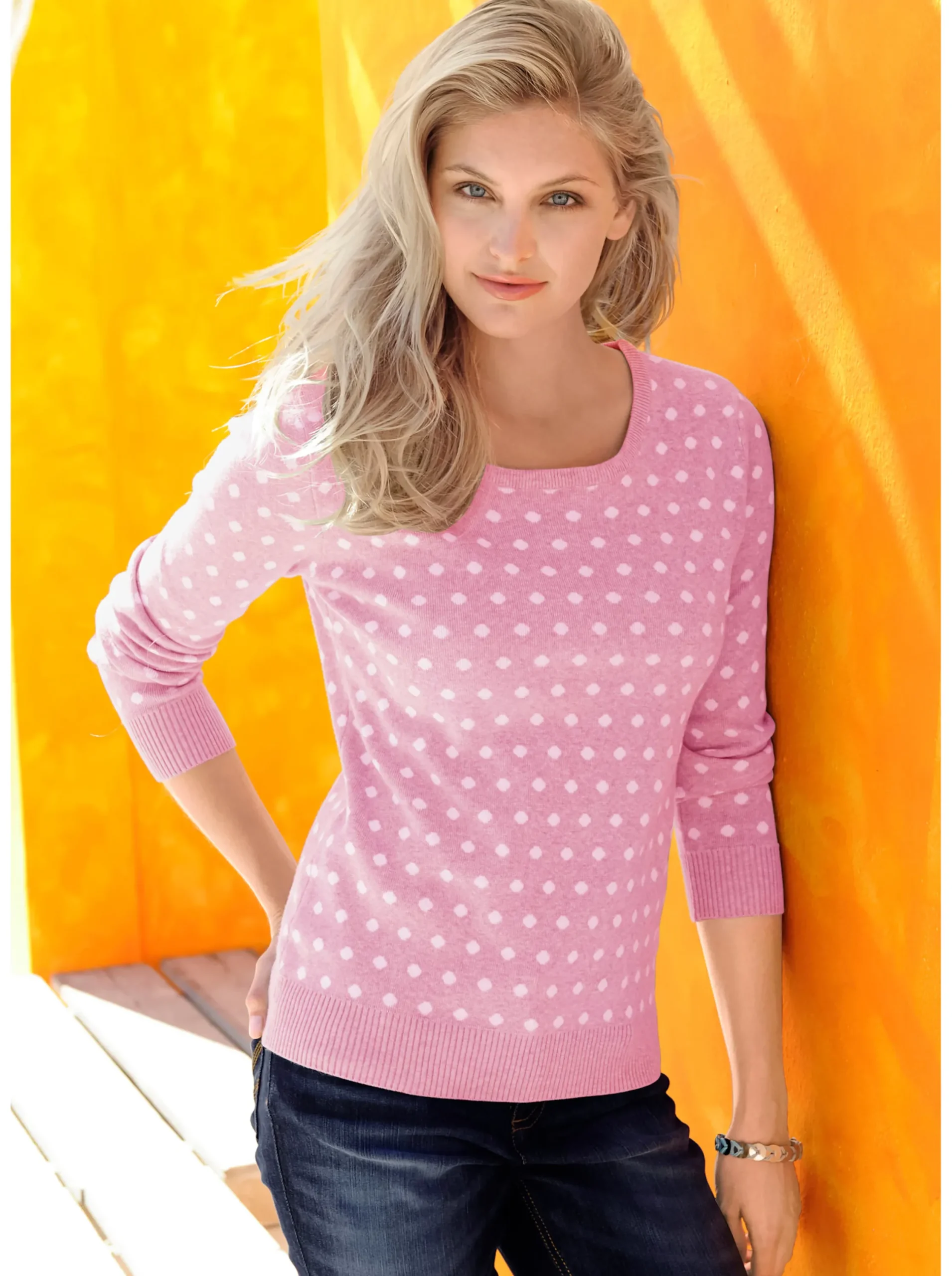 Pullover| Strickpullover im Tupfen-Dessin rosé-weiß-getupft