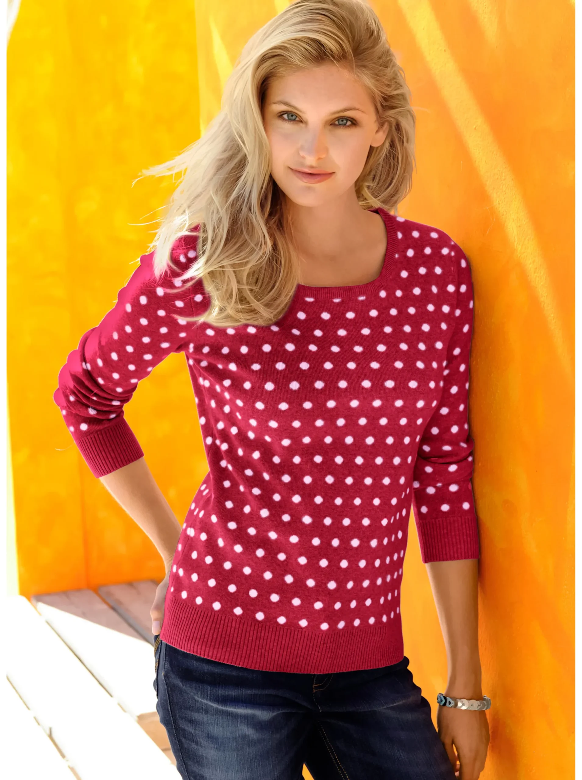 Pullover| Strickpullover im Tupfen-Dessin rot-weiß-getupft