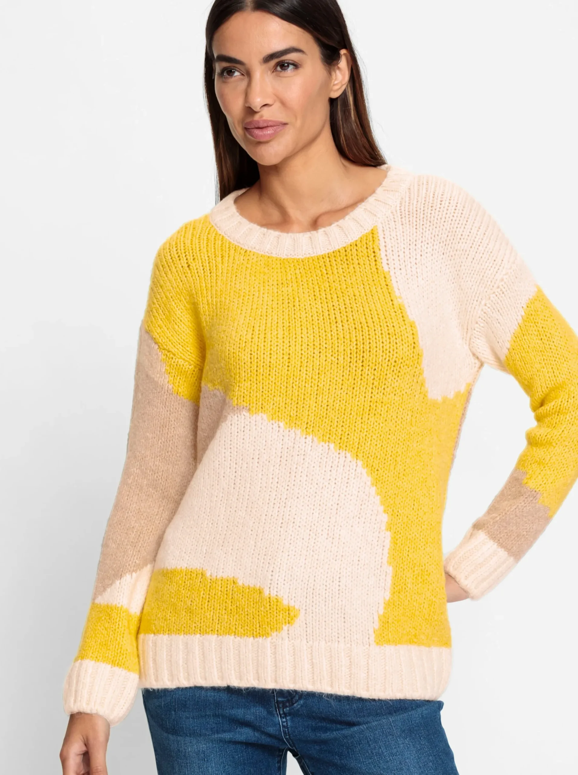 Pullover|heine Strickpullover in Colour-Blocking-Optik sonnengelb-champagner-gemustert