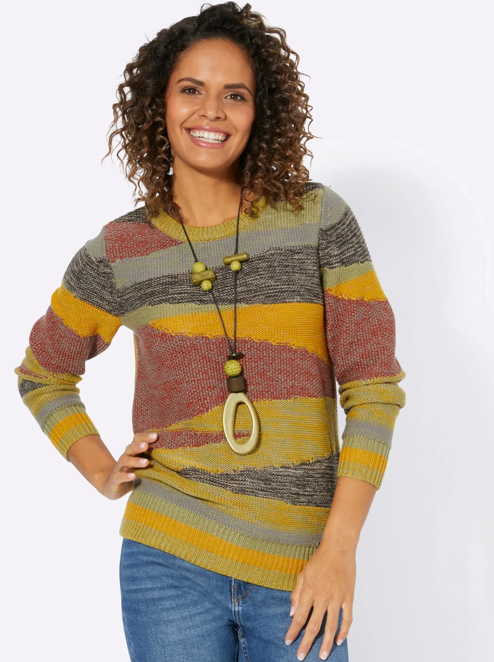 Pullover| Strickpullover mit farbigen Rippbündchen ocker-rostrot-gemustert