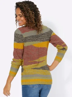 Pullover| Strickpullover mit farbigen Rippbündchen ocker-rostrot-gemustert