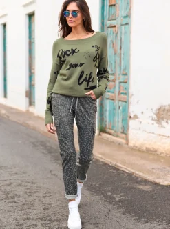Pullover|heine Strickpullover mit Flockprint vorne khaki