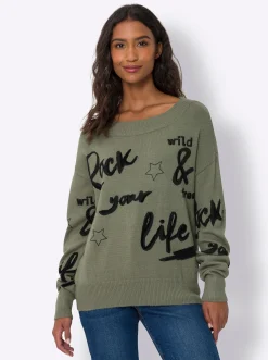 Pullover|heine Strickpullover mit Flockprint vorne khaki
