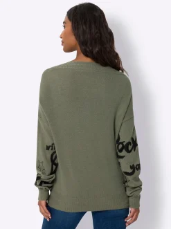 Pullover|heine Strickpullover mit Flockprint vorne khaki