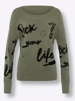 Pullover|heine Strickpullover mit Flockprint vorne khaki
