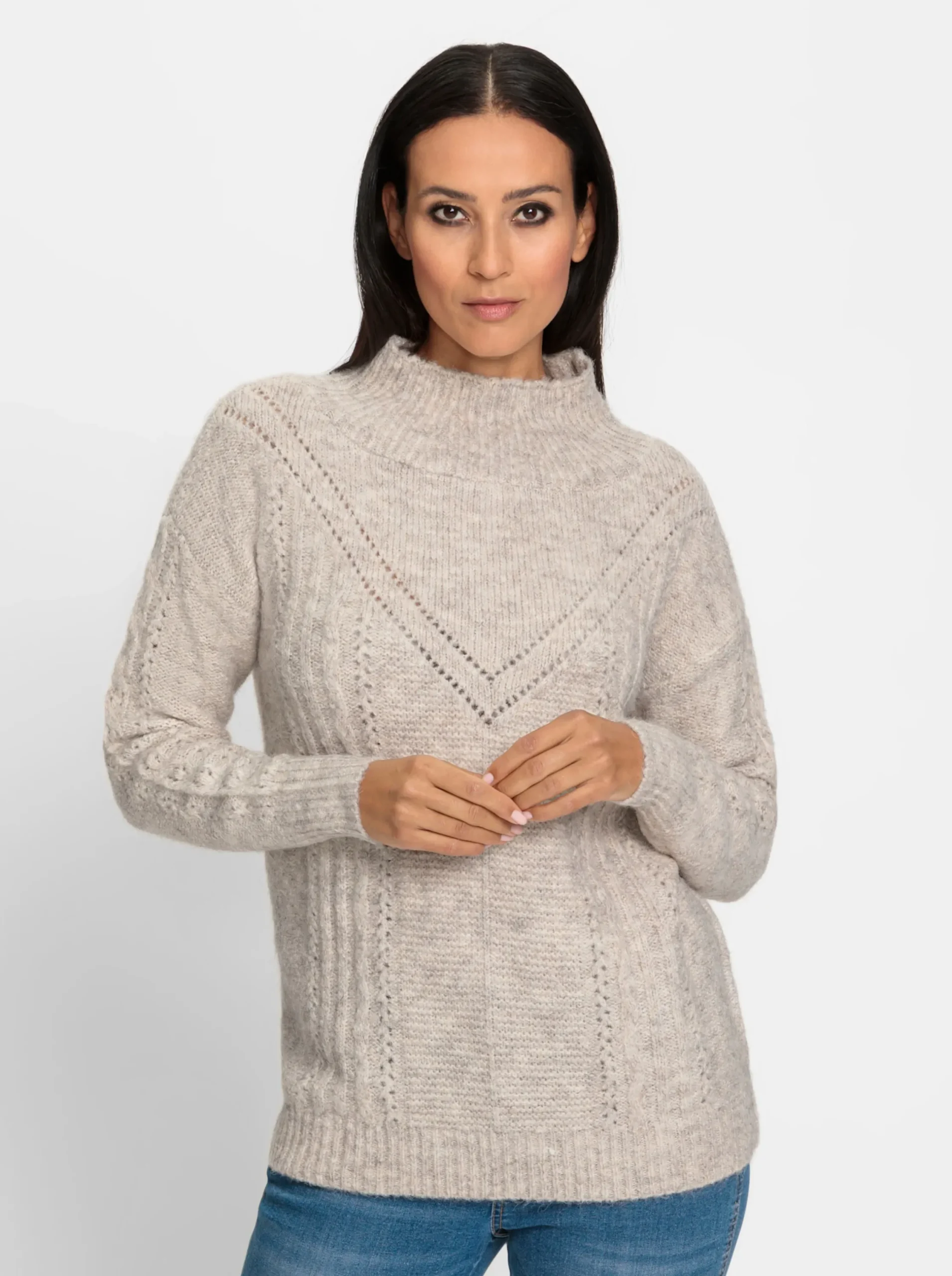 Pullover|heine Strickpullover mit geripptem Stehkragen sesam-champagner-meliert