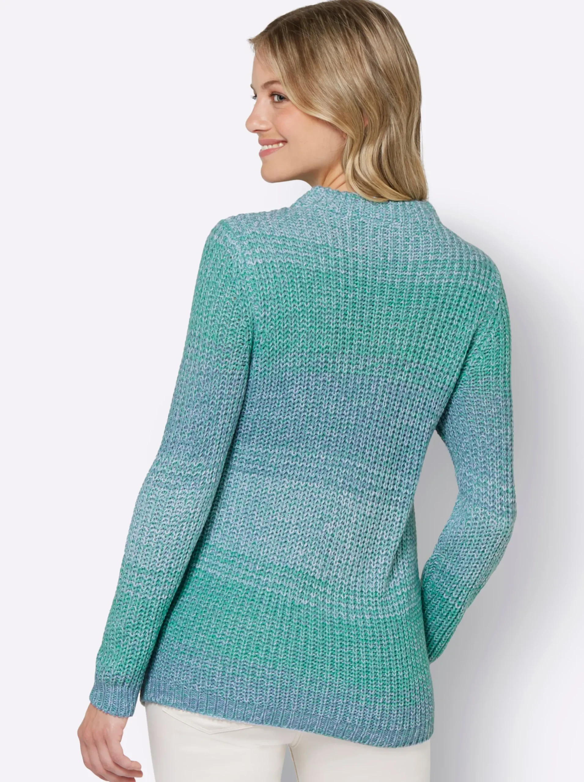 Pullover| Strickpullover mit Kelchkragen blaugrün-bleu-meliert