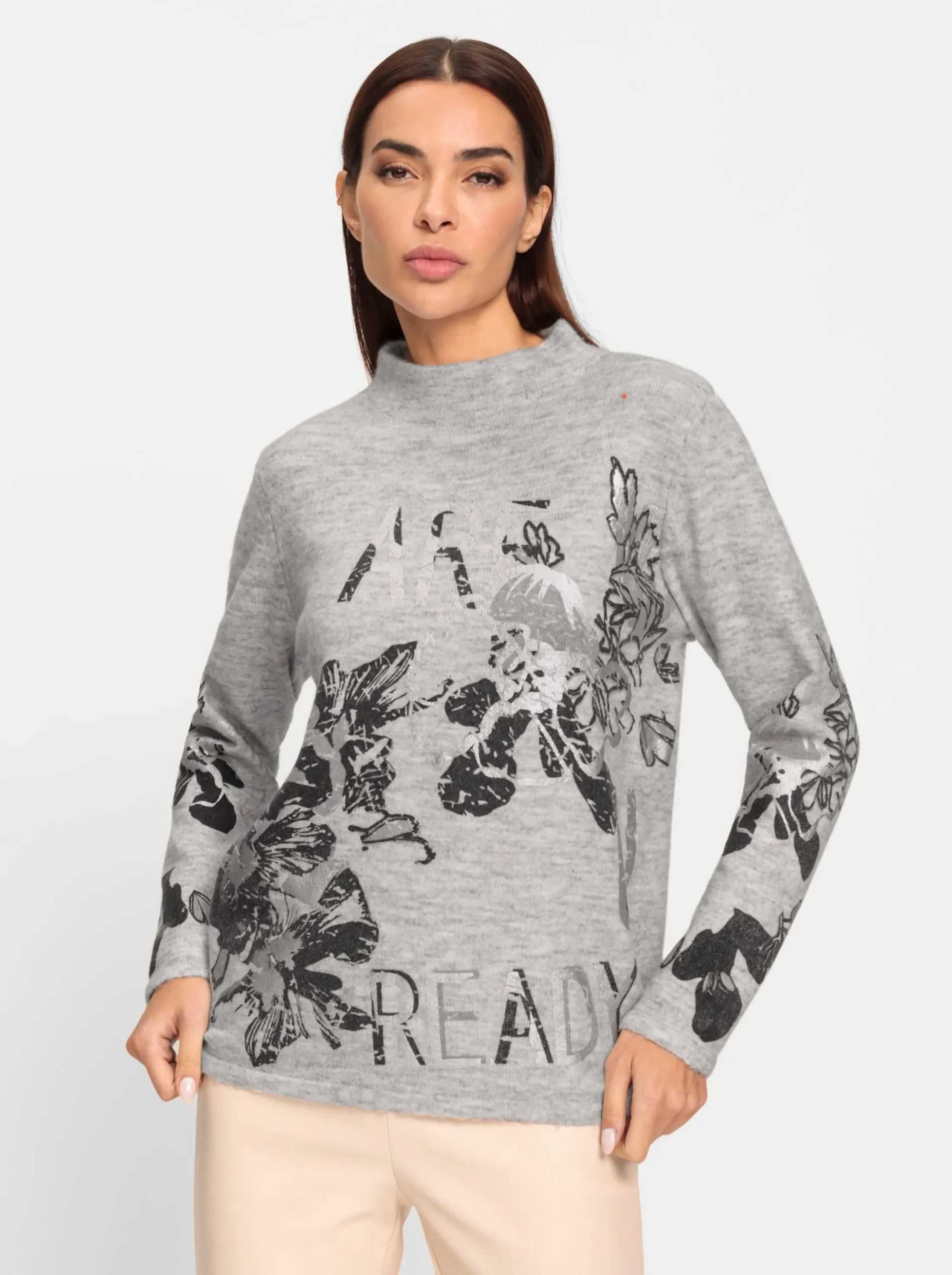 Pullover|heine Strickpullover mit Kelchkragen hellgrau-bedruckt