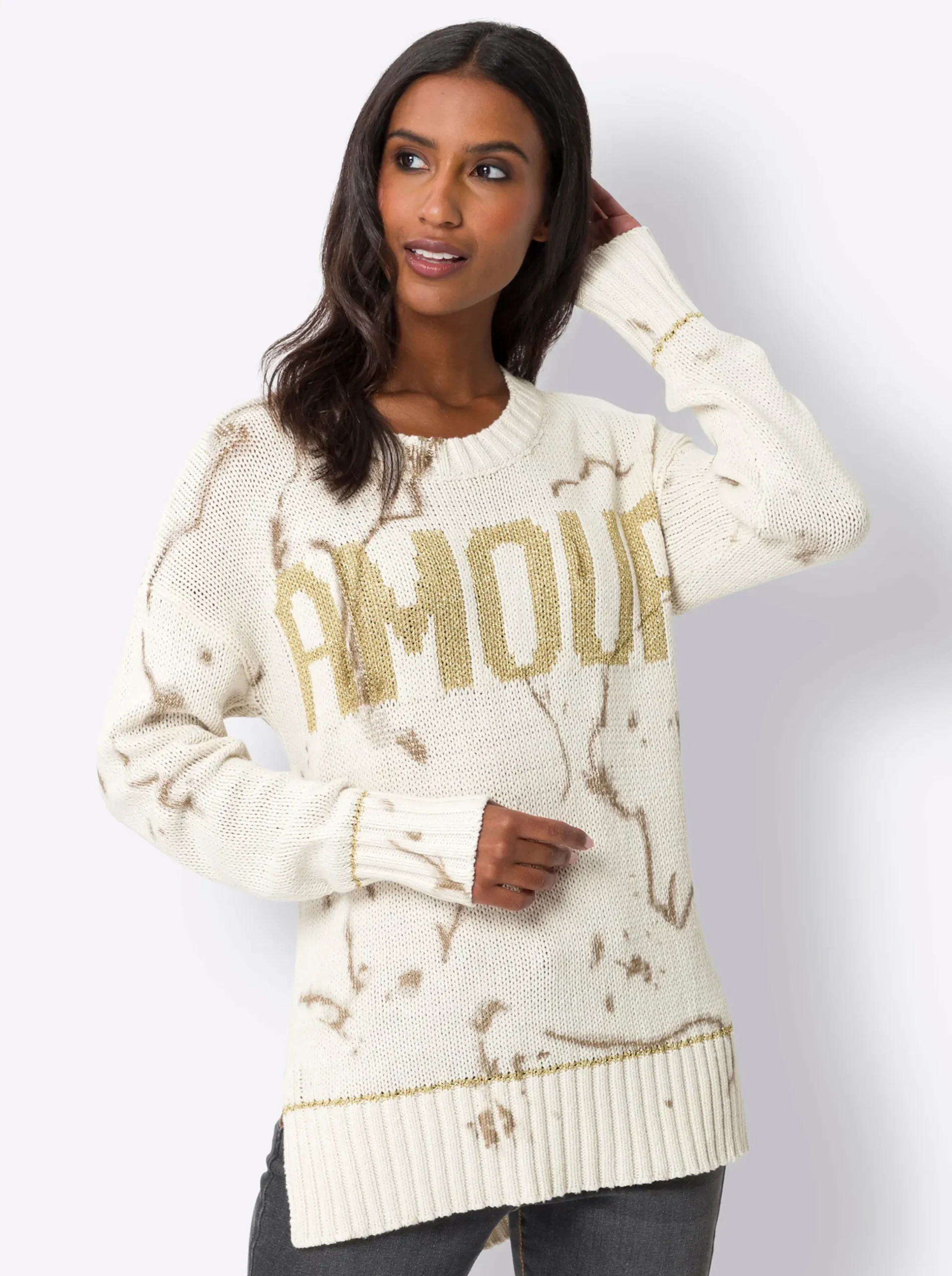 Pullover|heine Strickpullover mit Schriftzug sand-gemustert