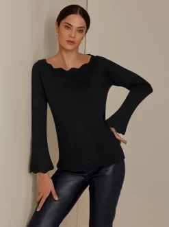 Pullover| Strickpullover mit Wellenkanten schwarz