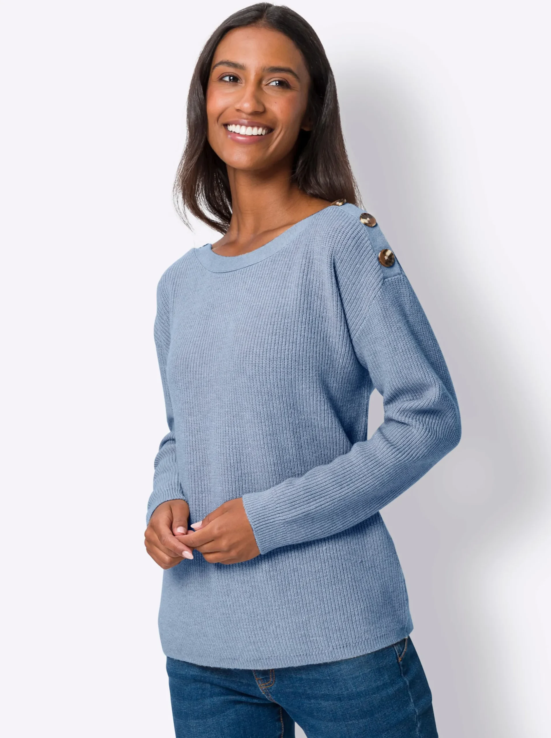 Pullover|heine Strickpullover mit Zierknöpfen an den Schultern bleu-meliert