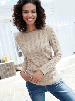 Basics|Pullover| Strickpullover mit Zopfmuster sand