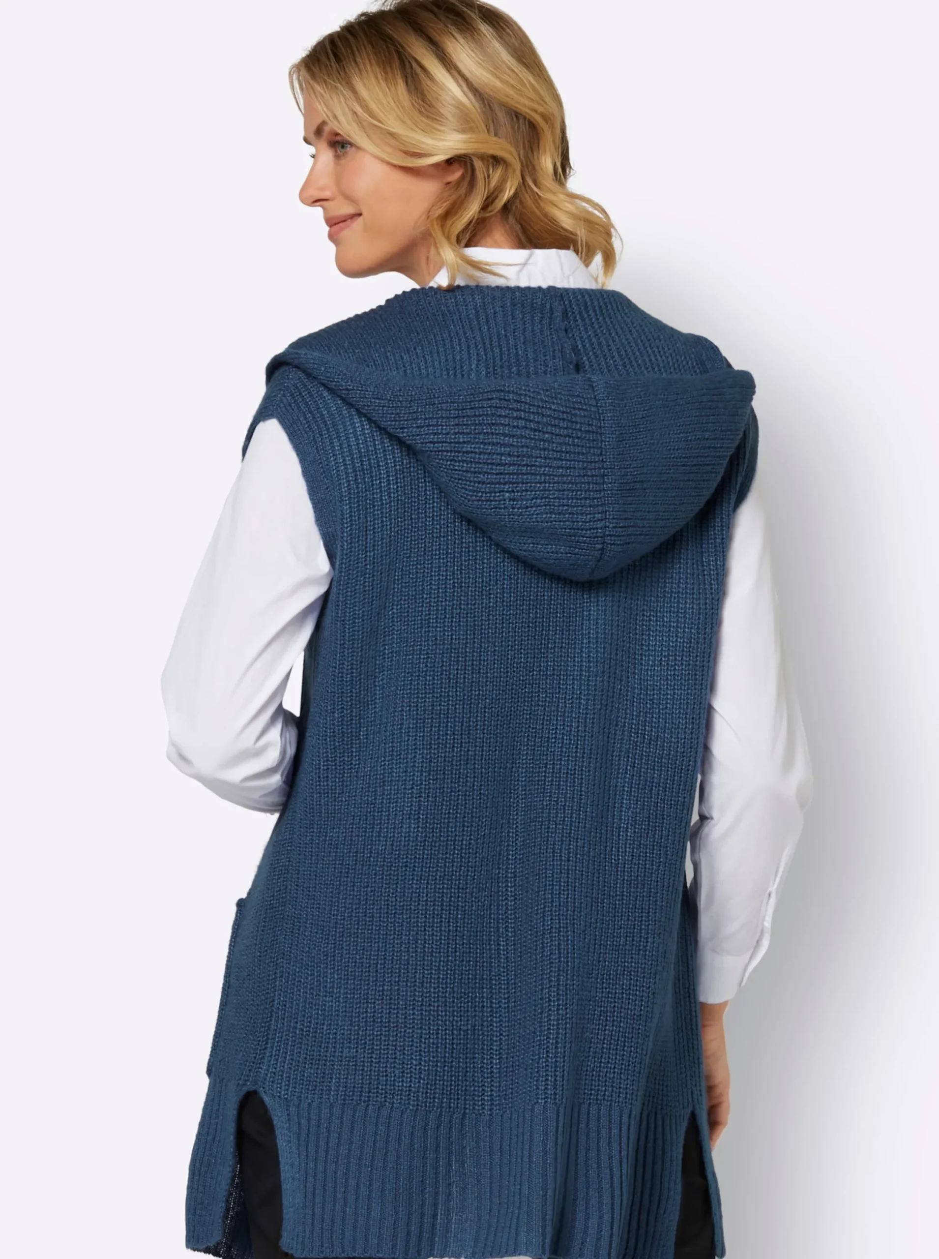 Jacken| Strickweste mit Kapuze, Ripp-Optik jeansblau