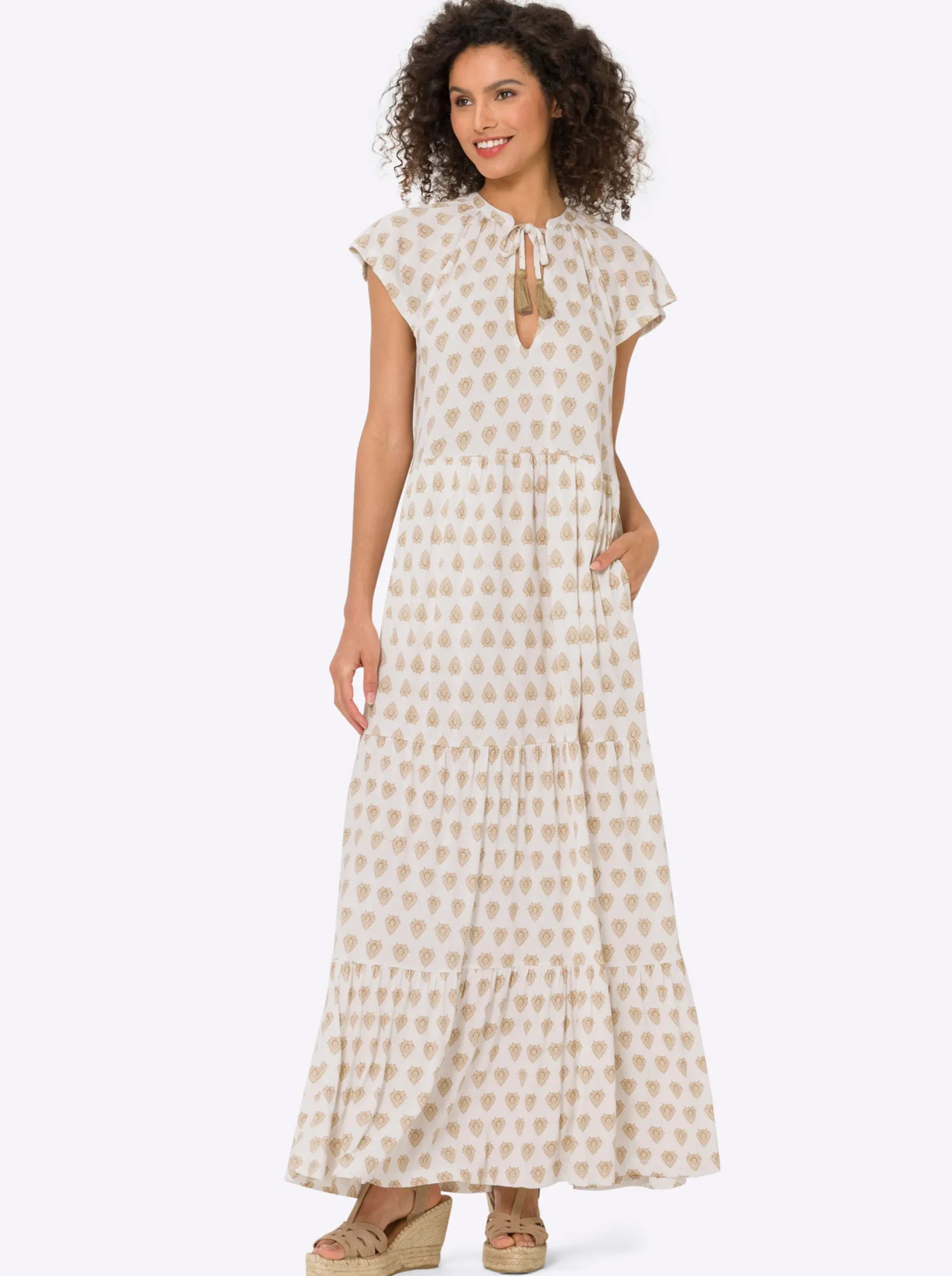 Kleider|heine Stufenkleid ecru-camel-bedruckt