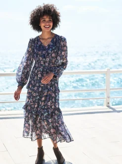 Kleider|heine Stufenkleid mit Effektgarn, leicht transparent marine-mittelblau-bedruckt