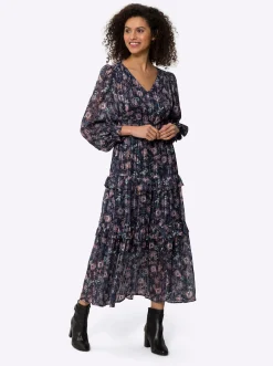 Kleider|heine Stufenkleid mit Effektgarn, leicht transparent marine-mittelblau-bedruckt