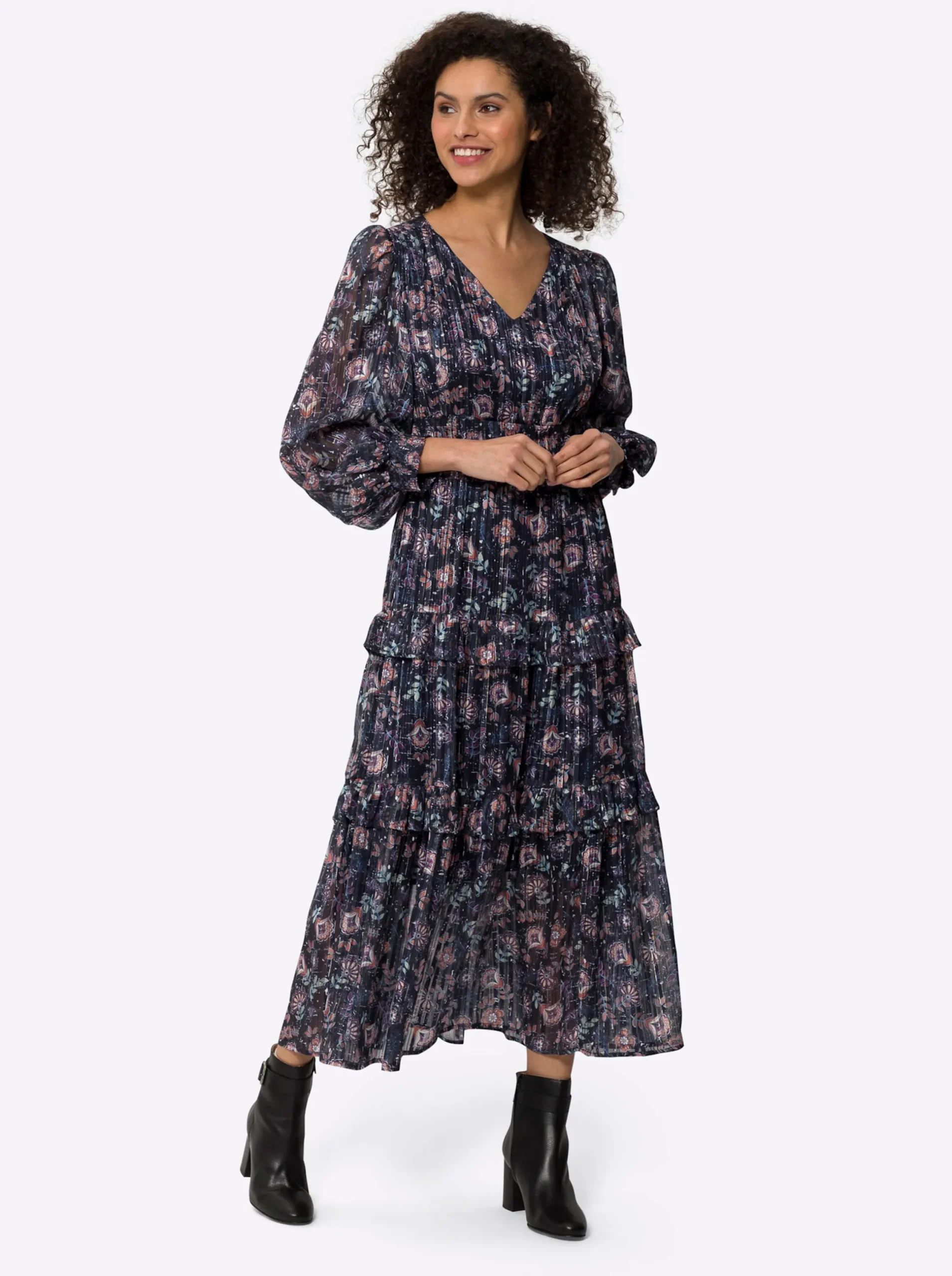 Kleider|heine Stufenkleid mit Effektgarn, leicht transparent marine-mittelblau-bedruckt
