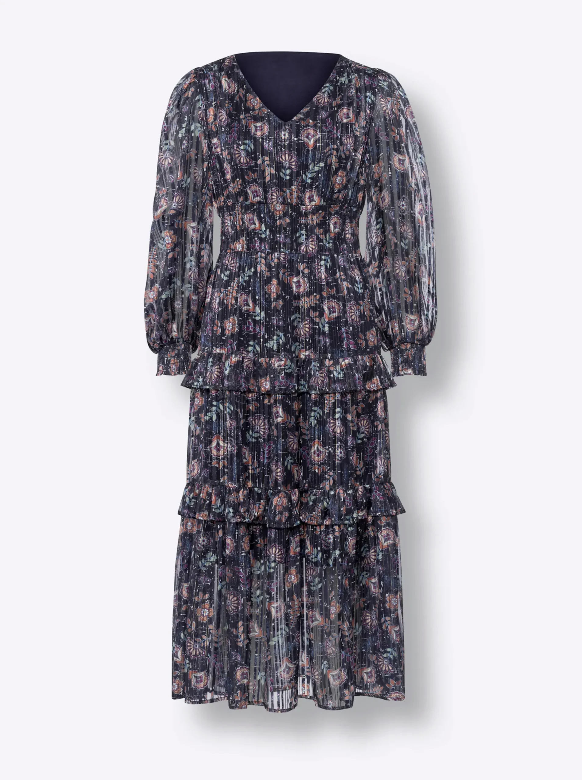 Kleider|heine Stufenkleid mit Effektgarn, leicht transparent marine-mittelblau-bedruckt