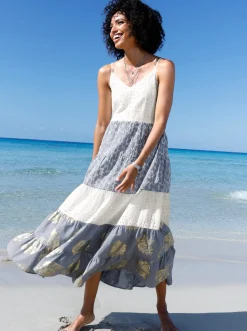 Kleider|heine Stufenkleid mit Lochstickerei ecru-bleu-gemustert