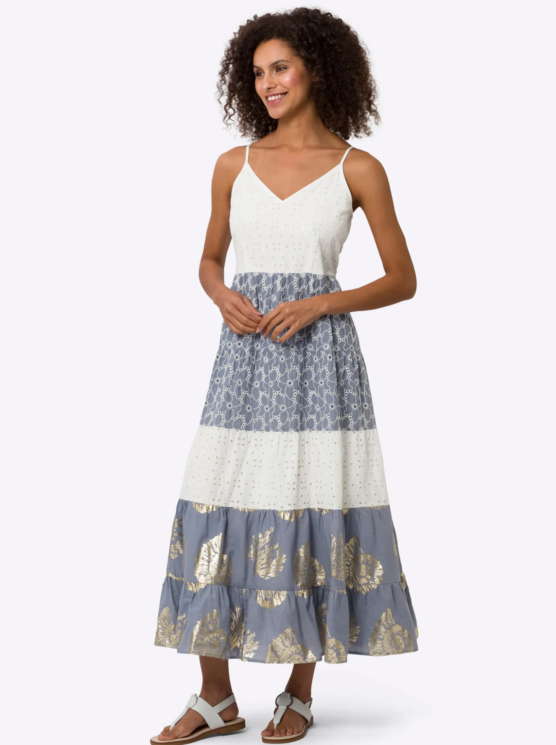 Kleider|heine Stufenkleid mit Lochstickerei ecru-bleu-gemustert