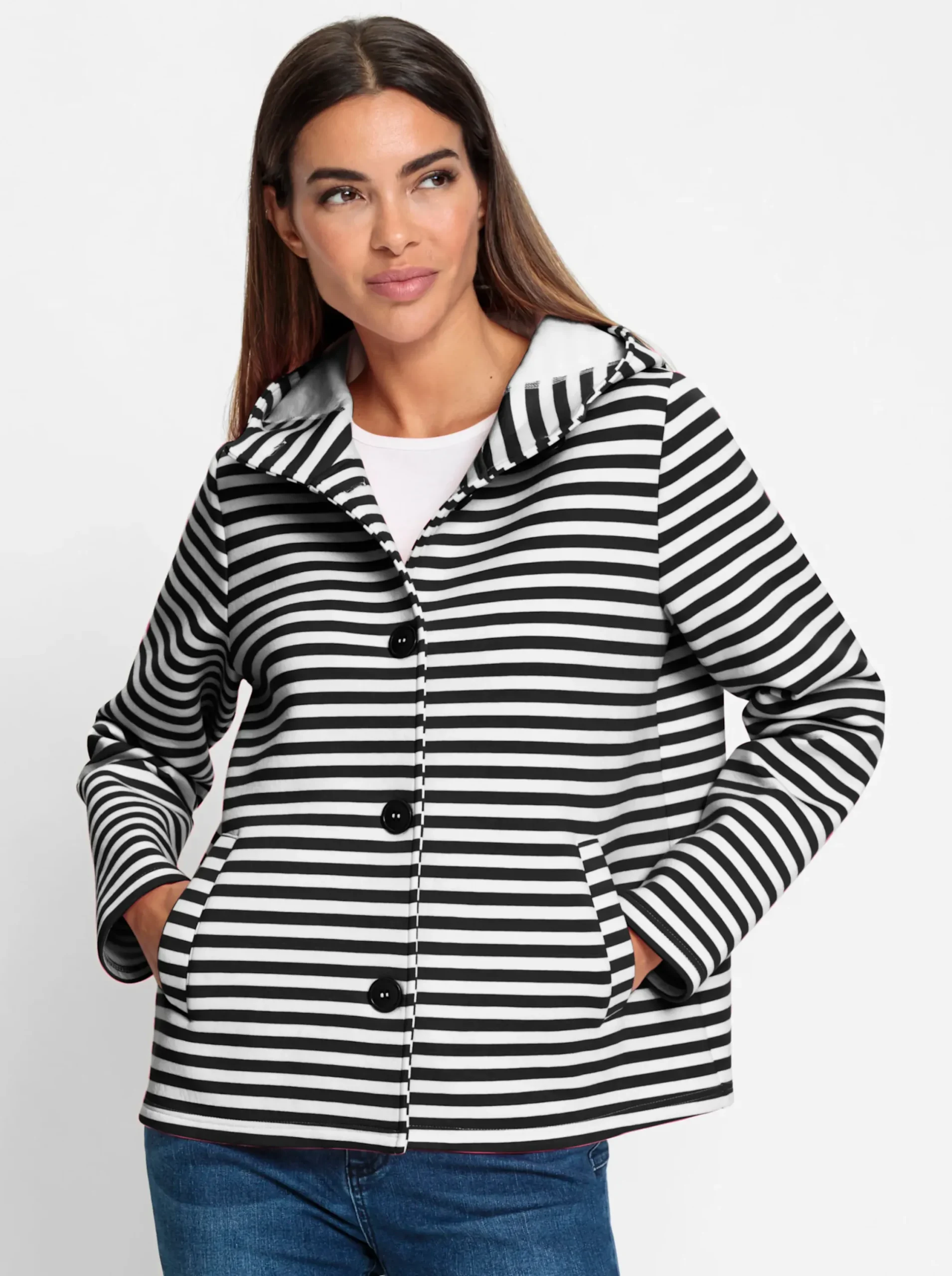 Jacken|heine Sweatjacke schwarz-ecru-geringelt