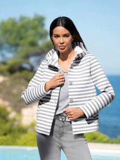 Jacken|heine Sweatjacke steingrau-ecru-geringelt