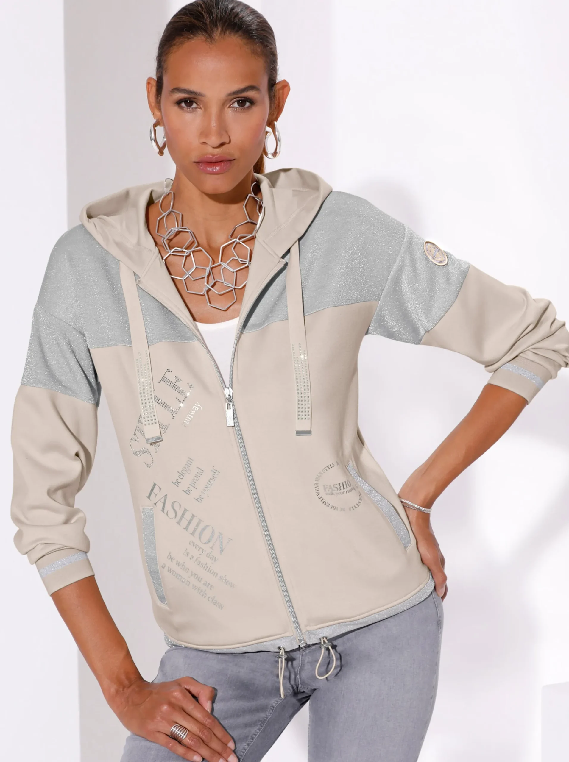 Jacken| Sweatjacke im softweichen Modal-Mix silberfarben-elfenbein
