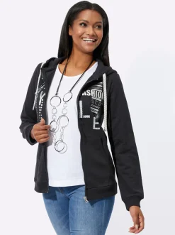 Pullover| Sweatjacke mit Druck und Glitzersteinchen schwarz