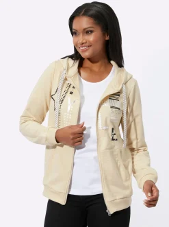 Pullover| Sweatjacke mit Druck und Glitzersteinchen sand