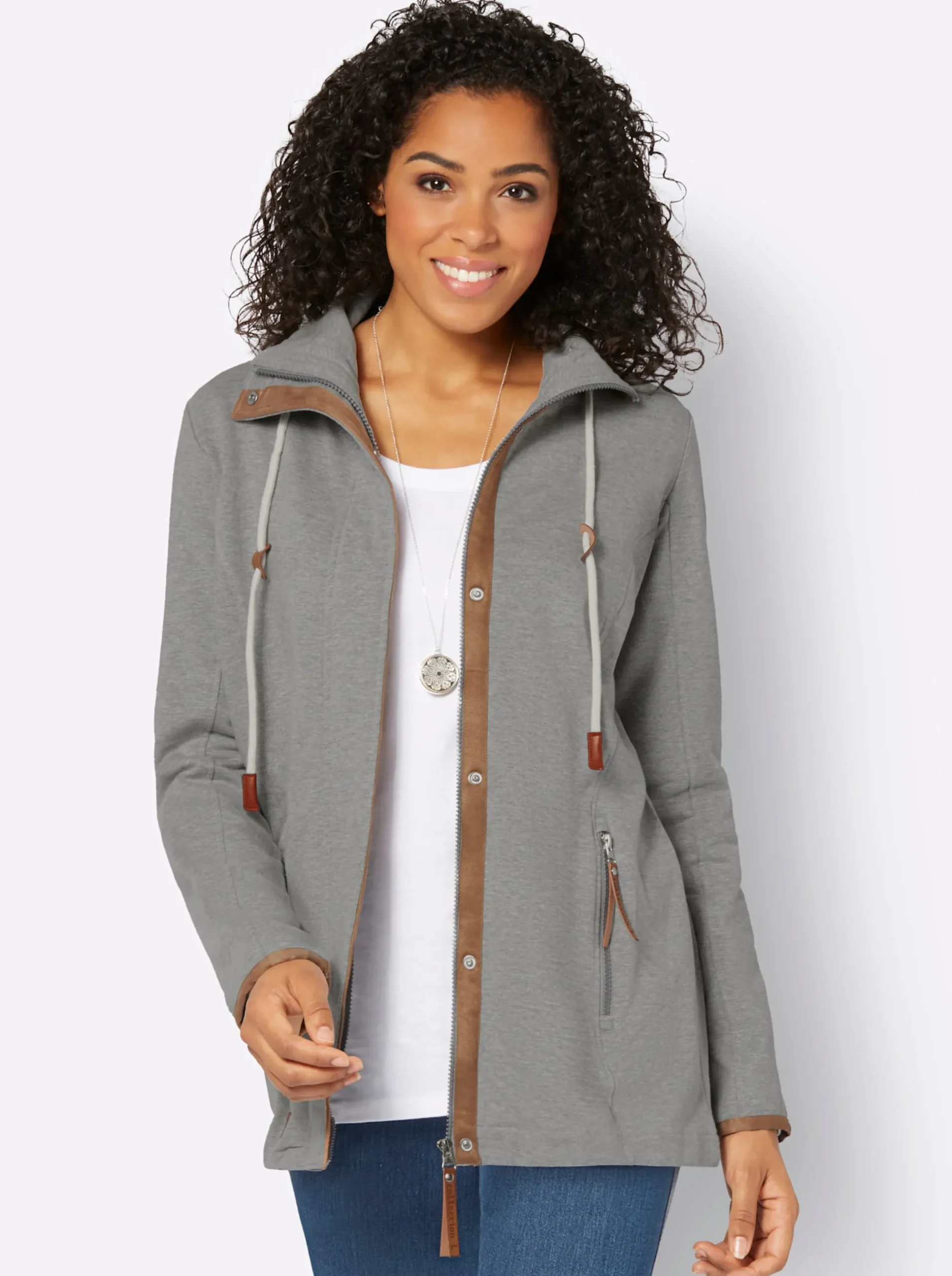 Jacken| Sweatjacke mit Paspeln aus Leder-Imitat steingrau-meliert