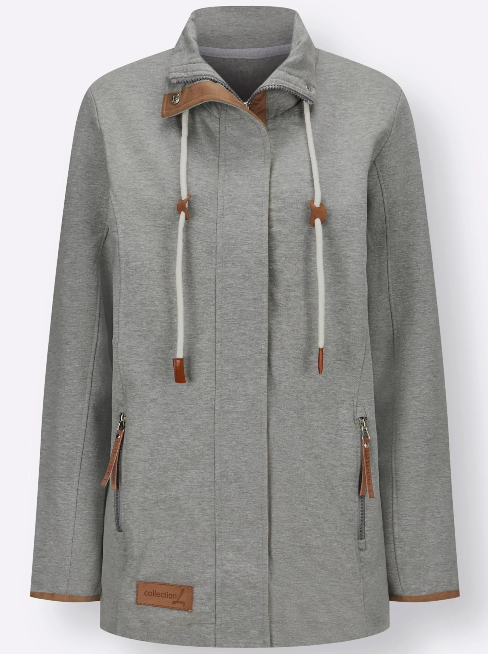Jacken| Sweatjacke mit Paspeln aus Leder-Imitat steingrau-meliert