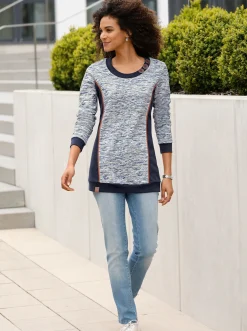 Pullover|Shirts| Sweatshirt in Longform marine-weiß-meliert