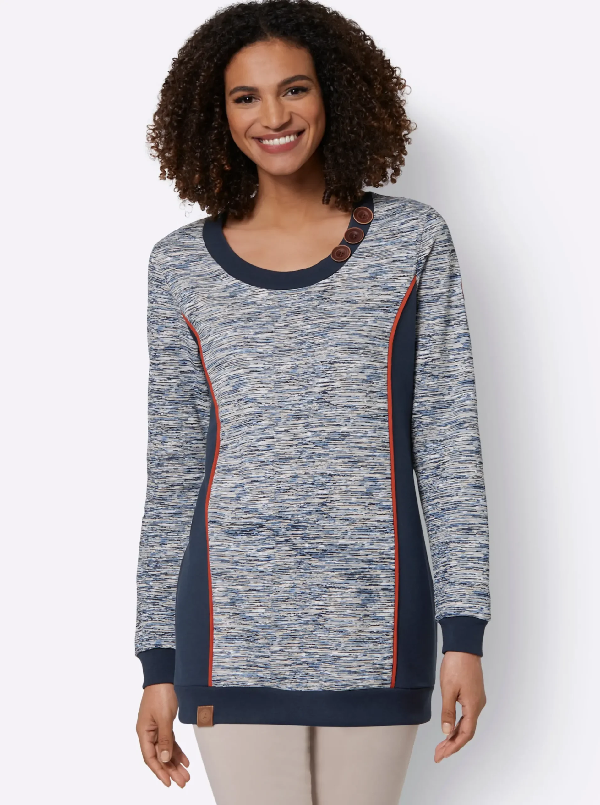 Pullover|Shirts| Sweatshirt in Longform marine-weiß-meliert