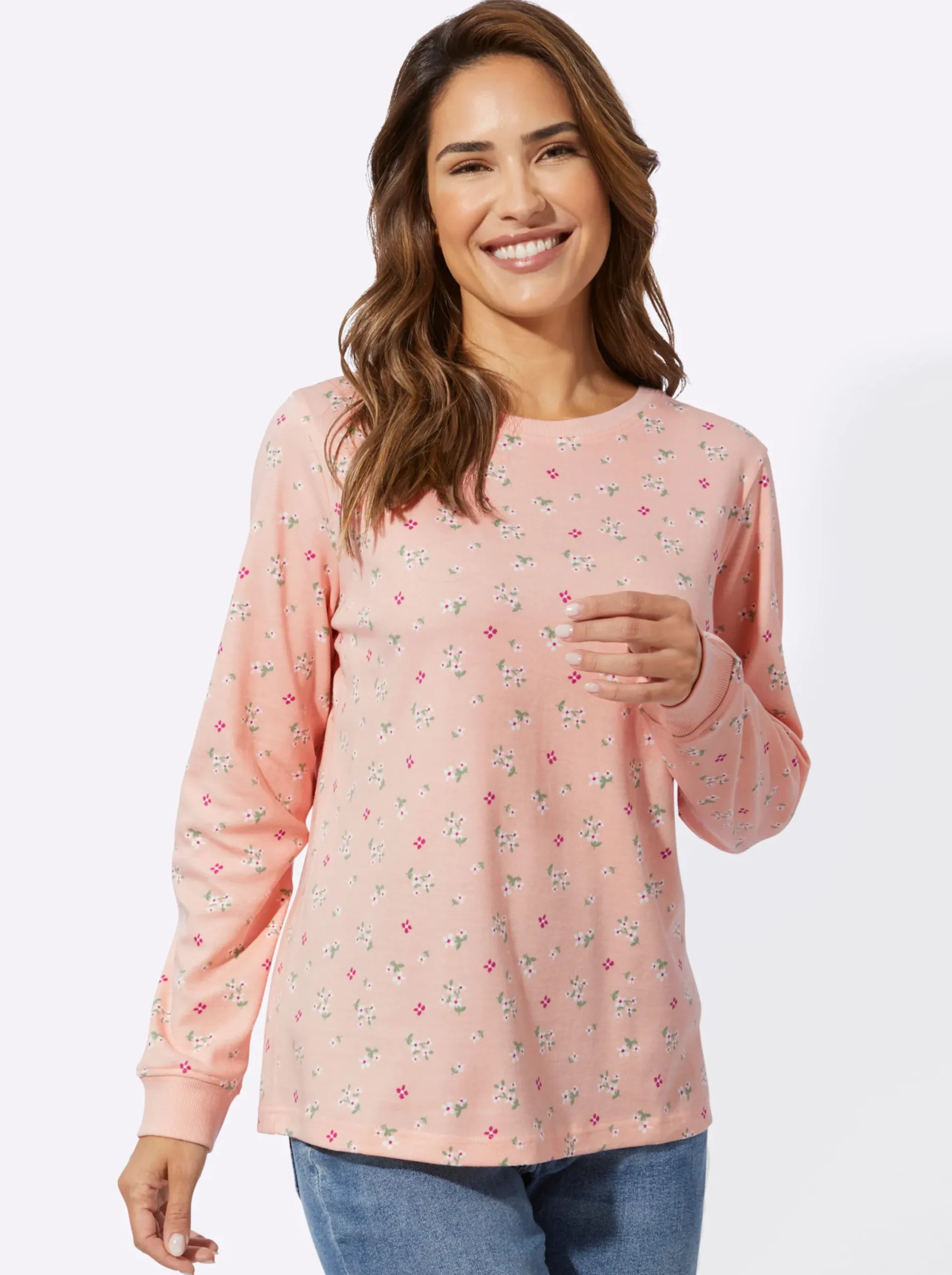 Shirts| Sweatshirt mit Blümchen-Print puder-ecru-bedruckt