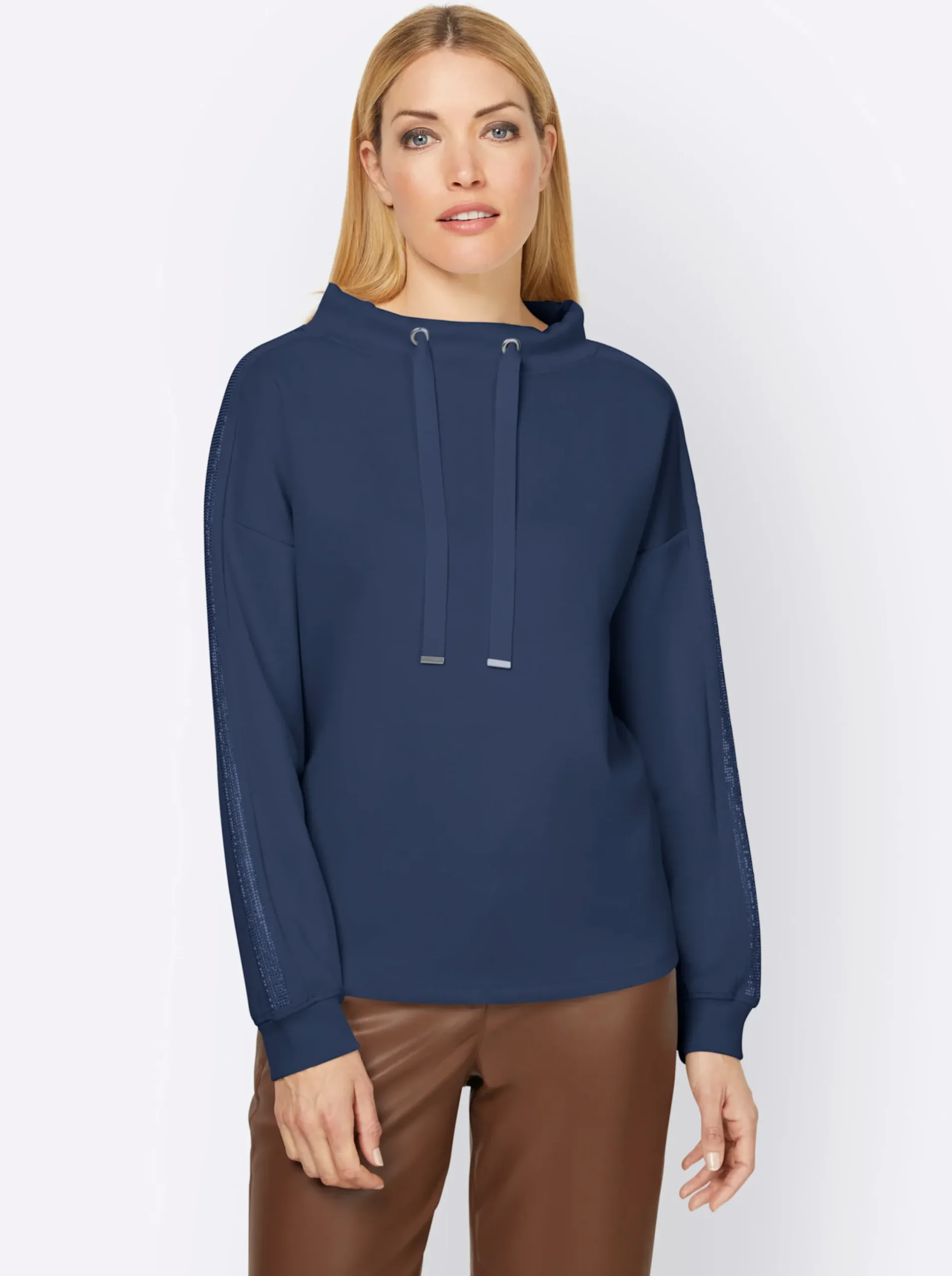 Pullover|heine Sweatshirt mit Galonstreifen aus Ziersteinchen dunkelblau