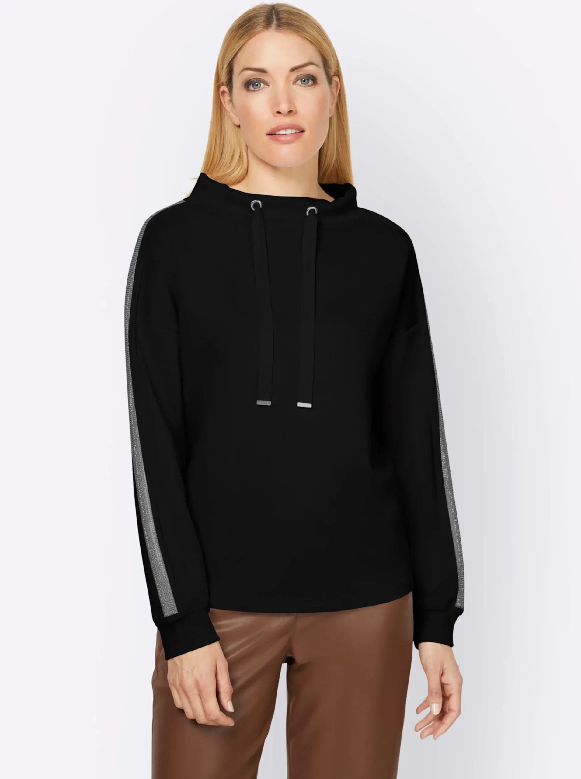 Pullover|heine Sweatshirt mit Galonstreifen aus Ziersteinchen schwarz