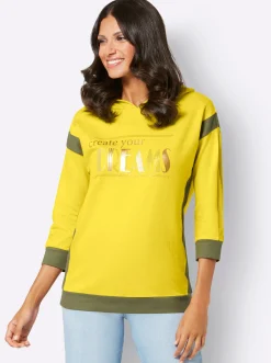 Pullover|Shirts| Sweatshirt mit goldfarbenem Folien-Print limone-khaki