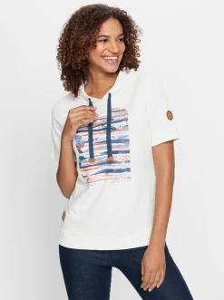 Shirts| Sweatshirt mit Kapuze ecru-dunkelblau-bedruckt